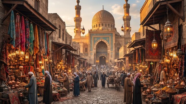 Bustling traditional Middle Eastern bazaar leading to a grand mosque