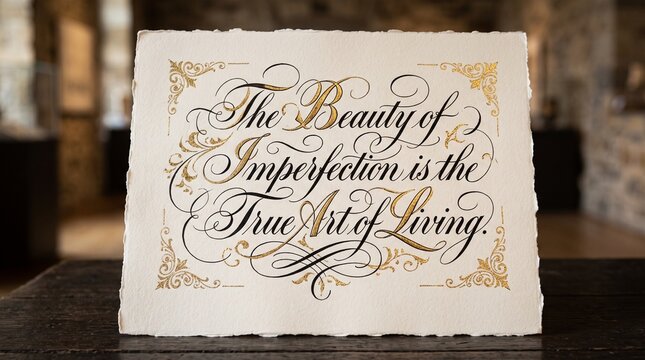 Calligraphy quote about the beauty of imperfection on textured paper