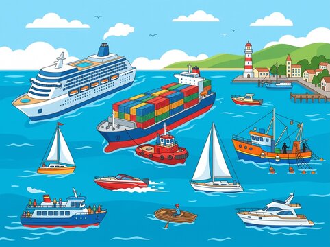 busy harbor scene with various ships and boats