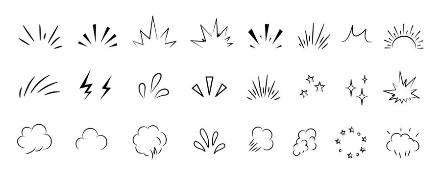 Comic movement doodle line set with hand drawn sketch effects, expressive emotion symbols, manga action marks, stars, hearts, sparkles, arrows and pencil strokes. Vector illustration
