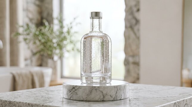 Clear glass bottle on marble pedestal in bright bathroom