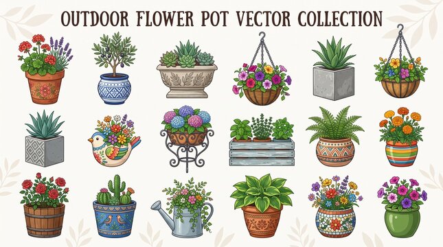 collection of decorative outdoor flower pots and garden plants