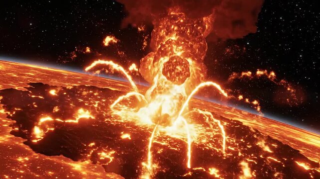 Cinematic massive nuclear explosion on a molten lava planet surface in deep space. Perfect for sci-fi, disaster, or apocalyptic themes