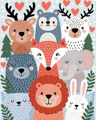 Fototapeta premium Charming Collection of Adorable Forest Animals with Hearts, Perfect for Kids' Designs