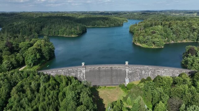 Aerial view of the Neye Reservoir, city of Wipperf&uuml;rth, village of Neye, Oberbergischer Kreis, North Rhine-Westphalia, Germany.