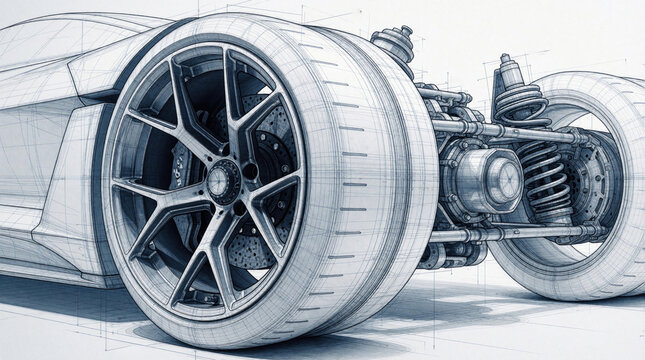 Car wheel assembly sketch with technical lines. Automotive design blueprint shows suspension, tire, brake system. Precision engineering concept art.