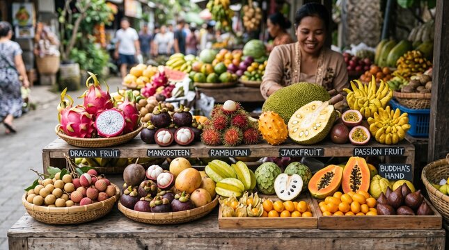 Colorful tropical fruit stall at a traditional Asian market