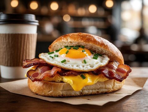 Juicy bacon and fried egg sandwich on toasted bun with melted cheese. Takeaway coffee cup sits beside savory breakfast roll. Perfect fast food or brunch meal.