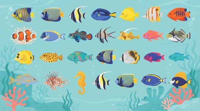 collection of colorful tropical fish on coral reef background