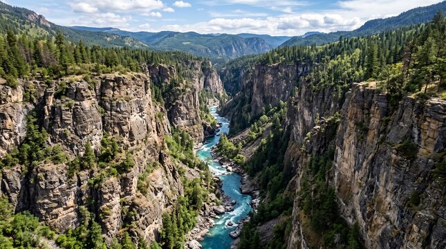 Aerial view of a river flowing through a deep rocky canyon