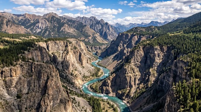 Aerial view of a winding river through a rocky mountain canyon