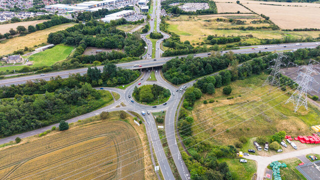 Bird's-eye view of two roundabouts junction at Straiton on A720 Edinburgh City Bypass, Scotland