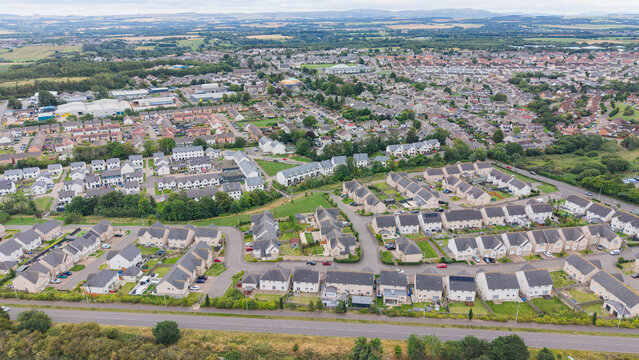 Bird's-eye view of residential suburb housing estates in Loanhead near Straiton, Scotland