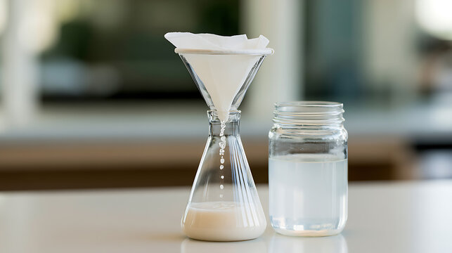 Clear Glass Funnel and Flask Filter Liquid Drips with Separate Jar of Water on White Countertop in Natural Light