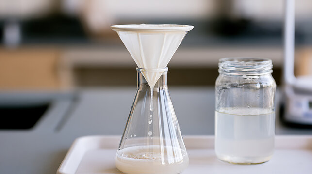Laboratory Filtration Process: Liquid Drip Through Funnel into Flask Beside Jar of Clear Solution on White Tray