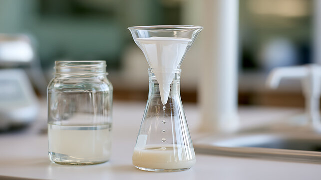 Laboratory Filtration Process: Clear Liquids Separate into Glass Beaker and Erlenmeyer Flask on White Table