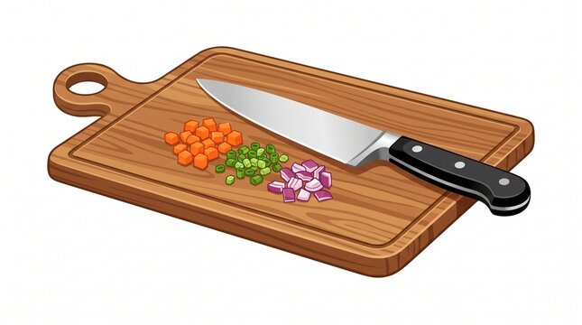Chopped vegetables on wooden cutting board with kitchen knife