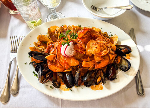 A generous seafood pasta platter with shrimp, mussels, clams and scallops in a rich tomato cream sauce, garnished with parsley and radish, served on a white plate at an elegant restaurant meal.
