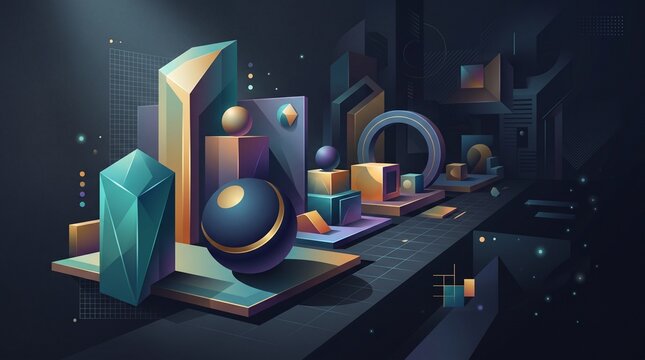 Abstract 3D geometric shapes in dark futuristic space