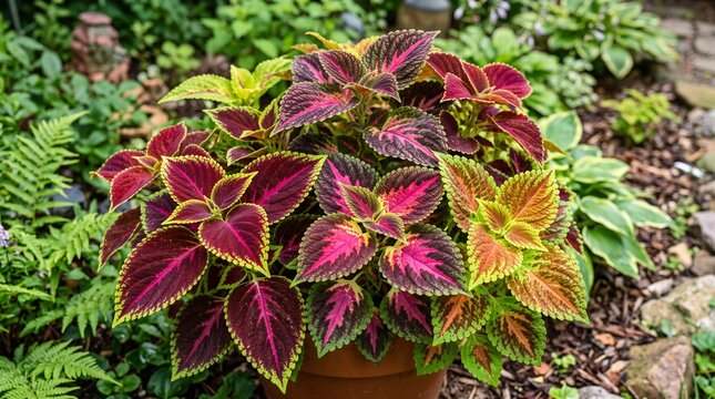 Coleus plant with colorful pink and green leaves in a garden pot