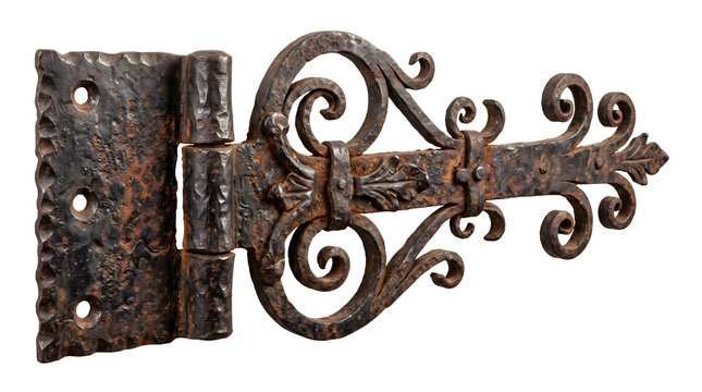 An old heavy duty ornate rusty iron gate hinge with scroll design decoration.