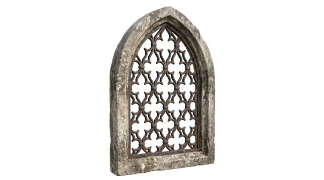 Gothic arched stone window frame with ornate iron grille for medieval castle interior.