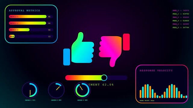 A community poll dashboard displays interactive thumbs up and thumbs down icons with shifting approval metrics bars and glowing neon interface elements in dark digital space