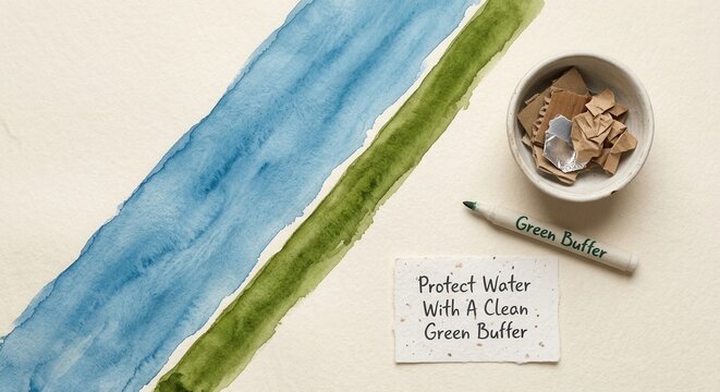Artistic watercolor illustration representing environmental conservation shows blue water and green riparian zone with a note about protecting water through clean green buffers for healthy ecosystems.