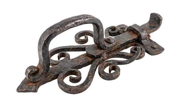 Vintage rustic iron door latch handle with ornate scrolls for antique wooden portals.