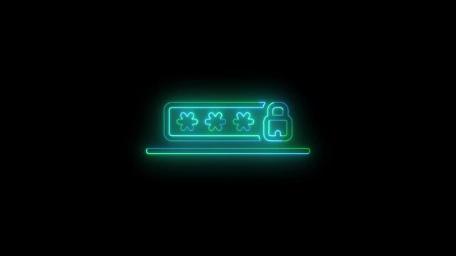 Glowing neon password input icon featuring masked password characters and a save symbol on a dark background. Suitable for password protection, login, authentication, data security, account access, an