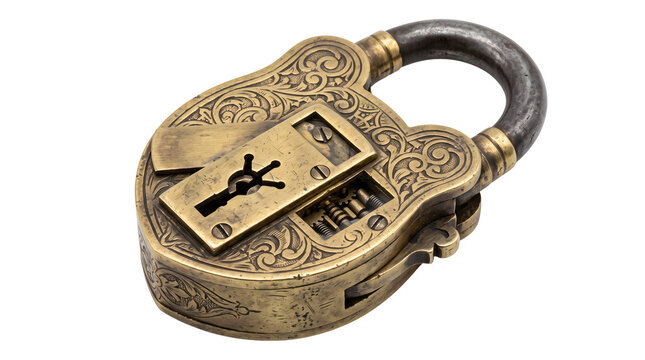 Vintage brass padlock with intricate carvings and functional lock mechanism.