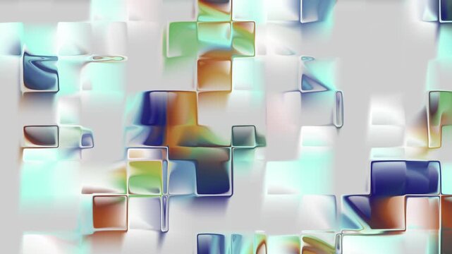 Colored glass blocks on white, seamless loop, abstract 3D background. Clean minimal geometric design. Suited to technology, business, finance, innovation themes.