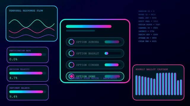 A digital community poll dashboard interface displays fluctuating wave patterns and interactive toggle switches while active session metrics update across multiple frames in this motion sequence