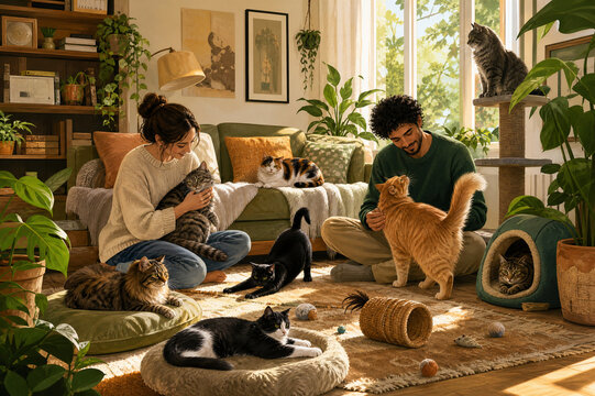 Couple enjoying time with multiple pet cats in a sunlit living room