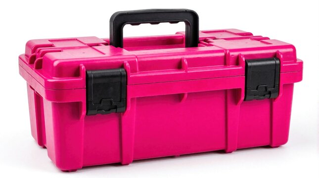 Pink plastic toolbox with black handle, latches. Sturdy compact case for storing tools. Organize maintain repair tools. Portable case for construction workshop bricolage. Bright colors durable case