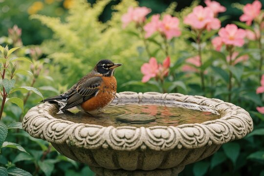 American robin bird stands in stone birdbath with water. Colorful garden flowers and green plants form soft focus background. Bird enjoys cool drink on sunny day.