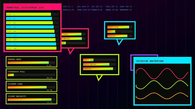 A digital community poll visualization displays evolving statistical patterns and fluctuating data streams across three distinct interface panels showing shifting metrics in real time glowing colors