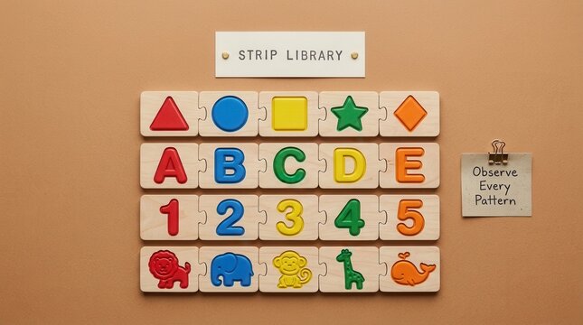 Educational wooden puzzle set featuring colorful shapes, letters A to E, numbers 1 to 5, and animal icons arranged on a brown surface for early childhood learning and pattern observation developments.