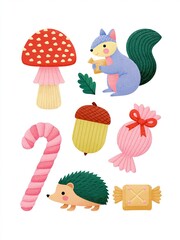 Naklejka premium Charming Whimsical Forest Creatures and Sweet Treats Illustration for Autumn and Holiday Designs