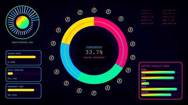 A community poll dashboard interface shows live statistical data visualization across multiple digital monitoring panels displaying neon colorful circular charts and glowing progress bars for analysis