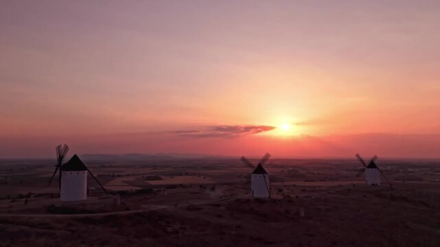 Aerial view of don quixote windmills at sunset in la mancha