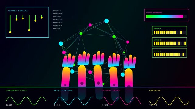 A community poll visualized through shifting digital metrics and vibrant graphical nodes displayed on a dark interface representing real time data analysis of human group consensus