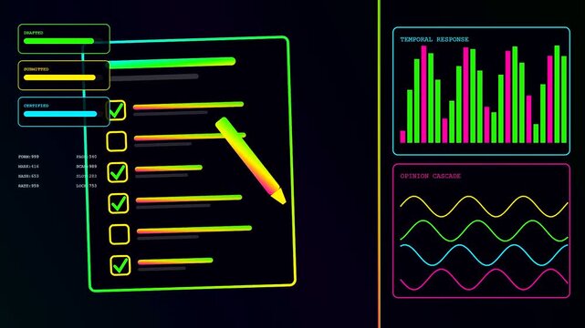 A digital community poll is displayed through glowing neon interface windows featuring animated survey checklists and frequency charts on a dark ambient computer screen environment