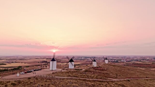 Don quixote windmills aerial view at sunset in alcazar de san juan
