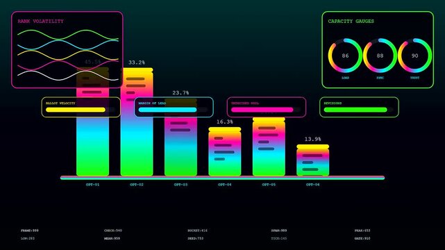 A digital community poll dashboard visualizes complex data trends across shifting neon interfaces while tracking active user metrics in a glowing virtual software environment display