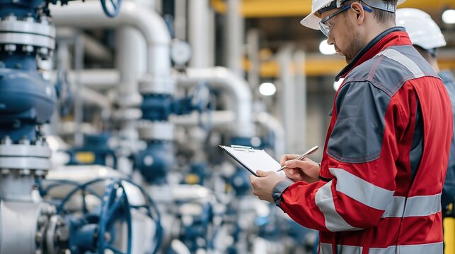 Industrial engineer in protective clothing inspecting complex machinery with clipboard in a factory setting