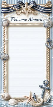 Nautical Welcome Aboard Message Board with Seashells, Starfish, and Anchors on Striped Background