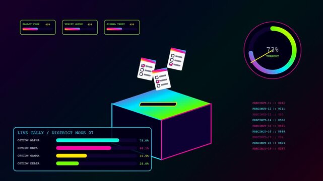 A community poll dashboard displays moving digital voting ballot animation with changing statistics and colorful progress bars across three panels of data driven interface visuals