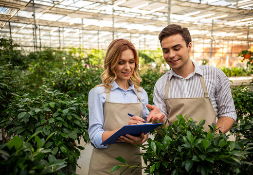 Greenhouse Gardeners Checking Plants.