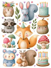 Fototapeta premium Charming Watercolor Forest Animals with Birthday Elements for Festive Celebrations
